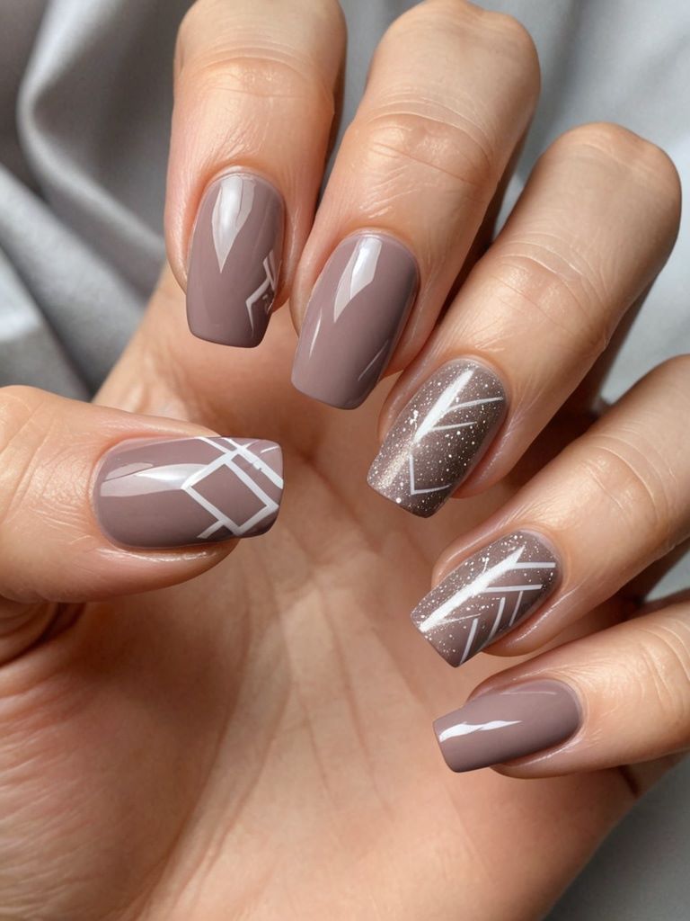 Kurze, squovale Nägel in Taupe mit einem weißen Chevron-Muster an den Spitzen.