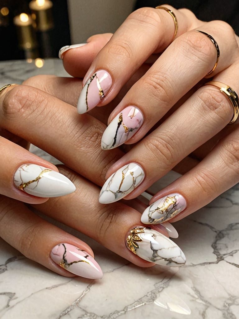  Mittelgroße Mandelnägel mit eleganten Marmor-French-Tips und Blattgold-Akzenten.