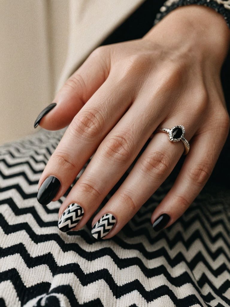 ovale Nägel mit schwarz-weißem Chevron-Muster für einen modernen und stilvollen Look.