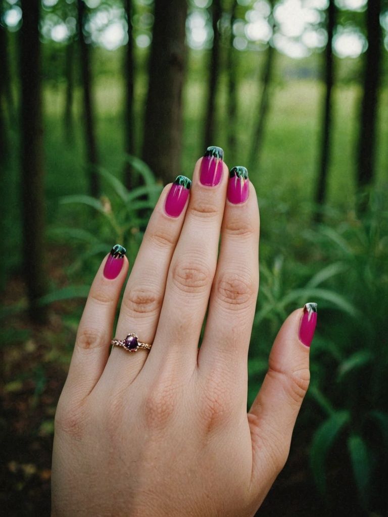 Rosa Babyboomer Nägel mit schwarzer French-Manicure und dezentem Glitzer, inspiriert von der Natur.