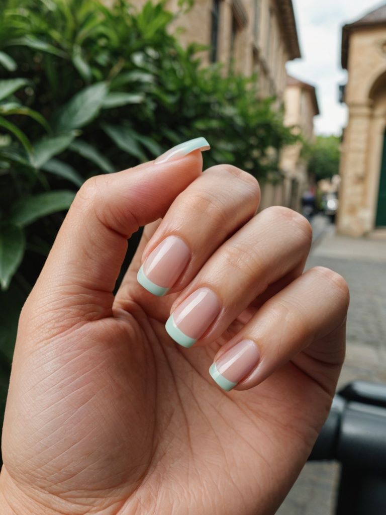 Schlichtes French Nageldesign mit zarten Mint-Farbtupfer. Natürlicher Look mit modernem Touch.